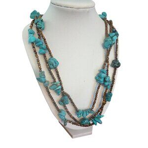 Vintage 3 Strand Bronze Tone Turquoise Bead Necklace Layer 30" Estate 98.01g